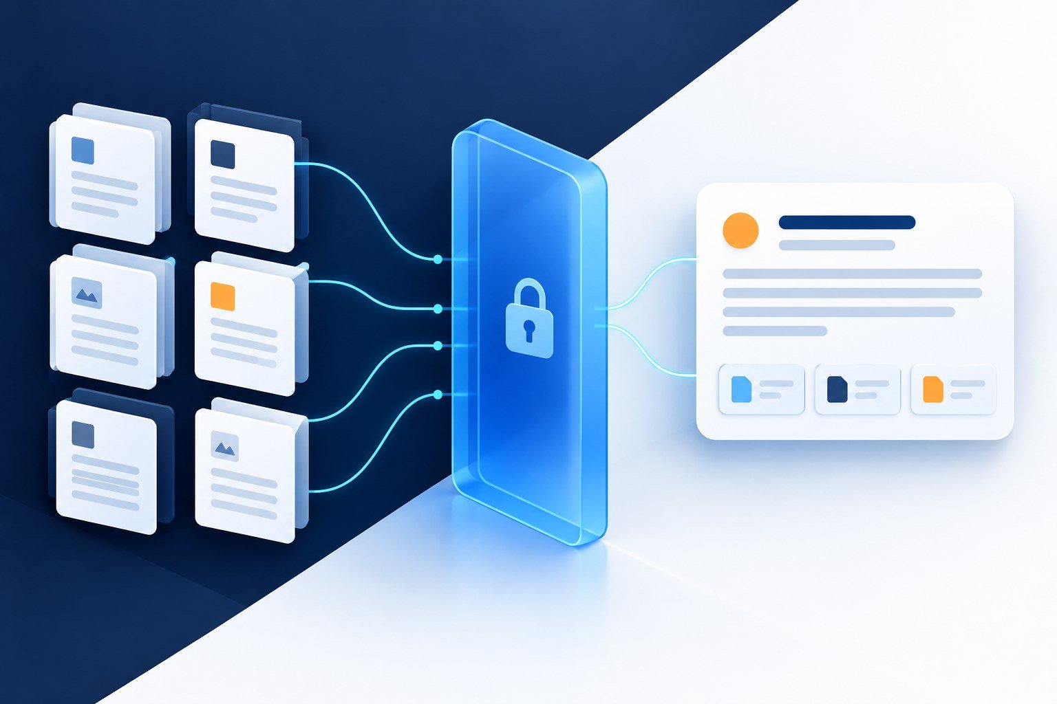 Enterprise RAG implementation illustrated by approved documents passing through an access control layer into a knowledge assistant
