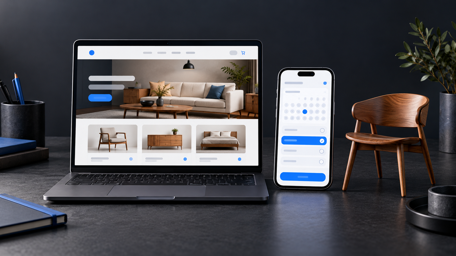 Laptop showing a furniture-store website beside a phone with an appointment-booking app and a wooden chair.