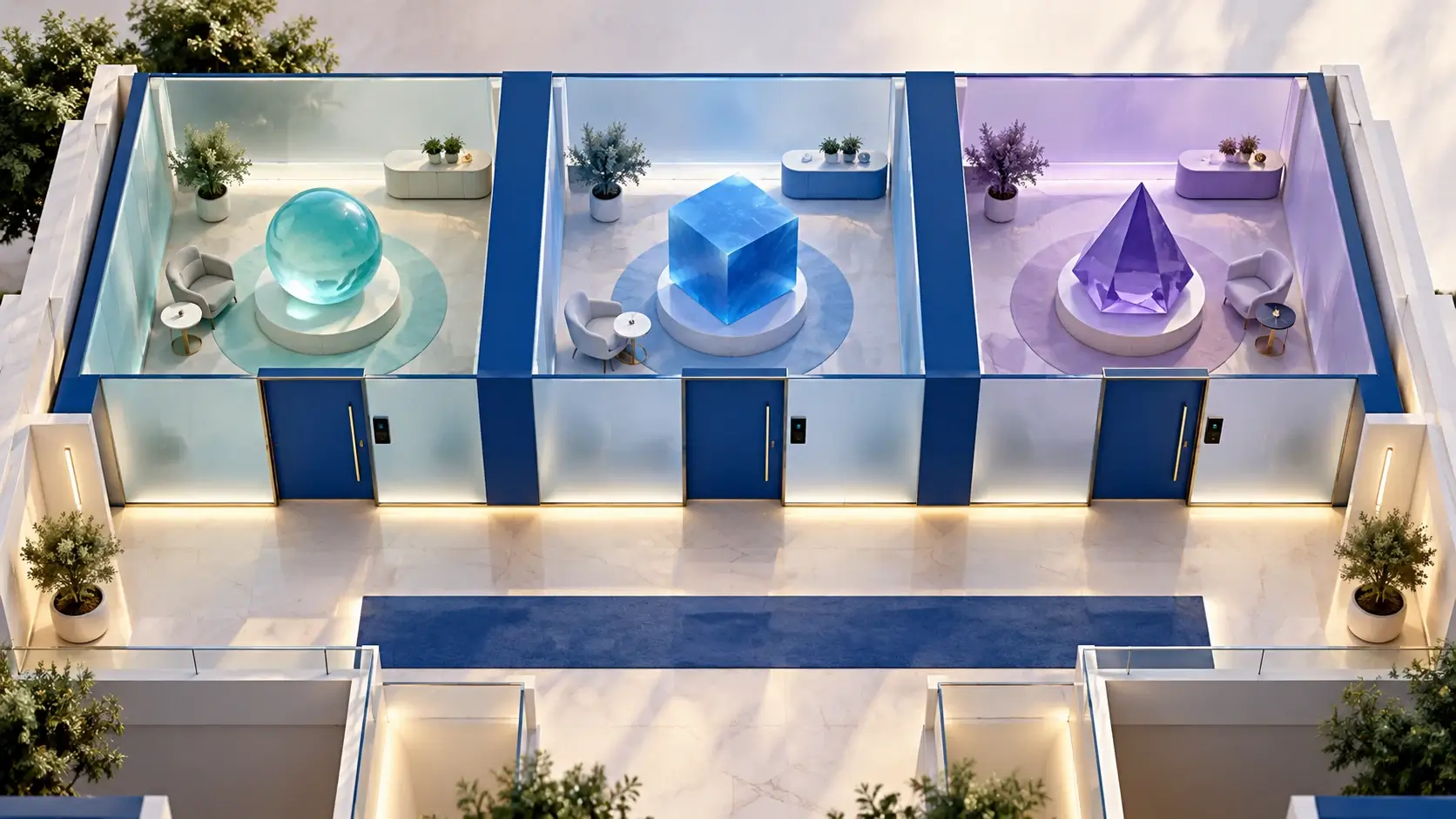 SaaS tenant isolation concept: three separate customer rooms share a corridor while retaining distinct access boundaries.