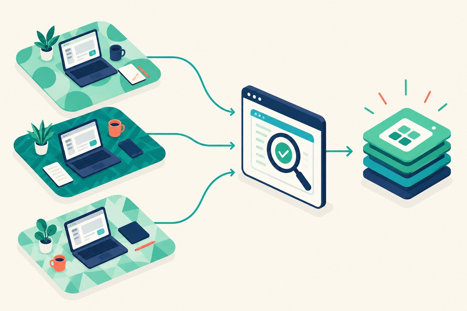Test automation for SaaS applications illustrated by separate customer workspaces passing through a shared quality checkpoint